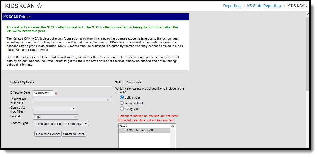 Screenshot of the KIDS KCAN Extract located at Reporting, KS State Reporting. 