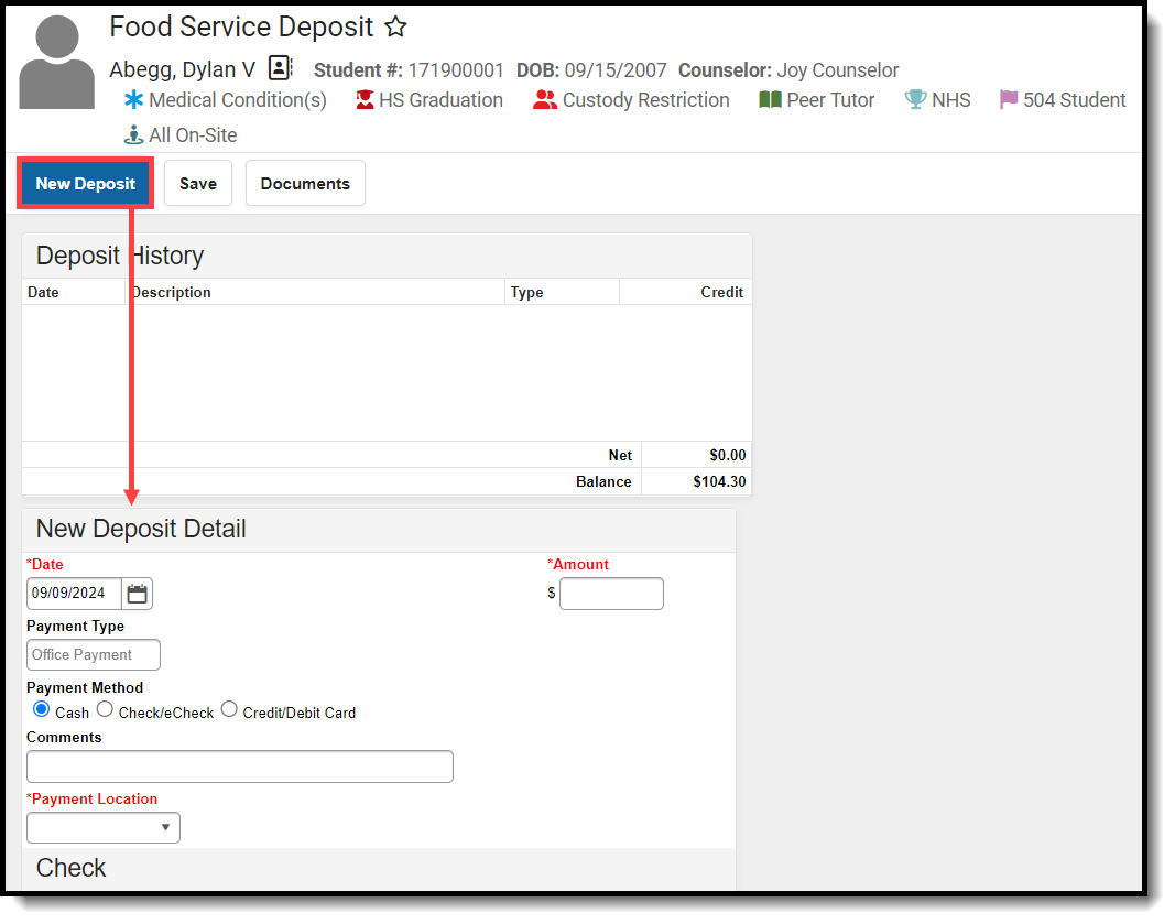 Screenshot of the new deposit button and new deposit detail fields