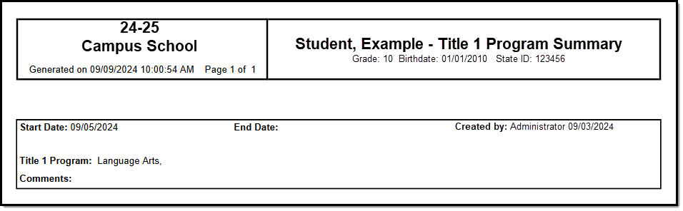 Screenshot of an example Title 1 print summary.