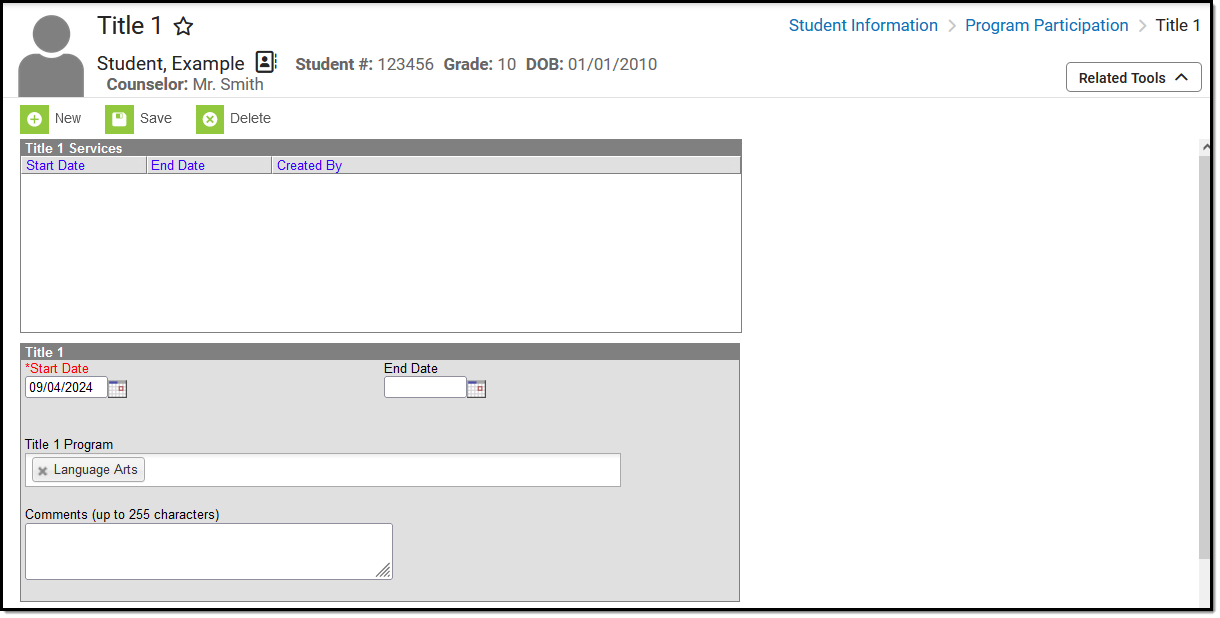 Screenshot of the Title 1 Editor, located under Student Information, General. 