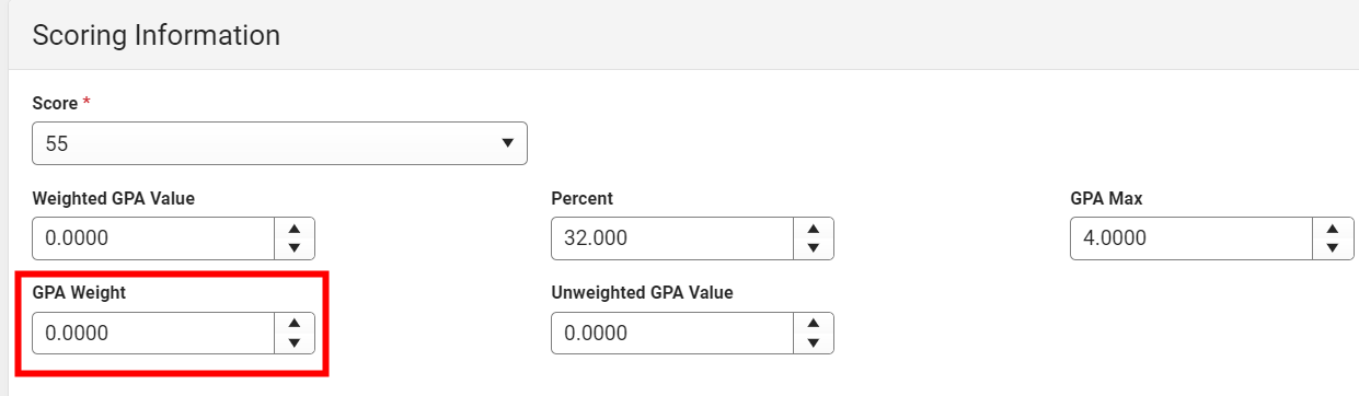 Scoring Information displaying GPA Weight as zero.