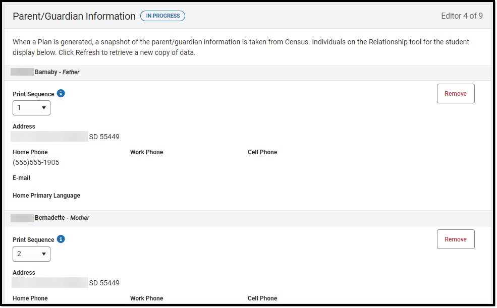 Screenshot of the Parent/Guardian Information Editor.