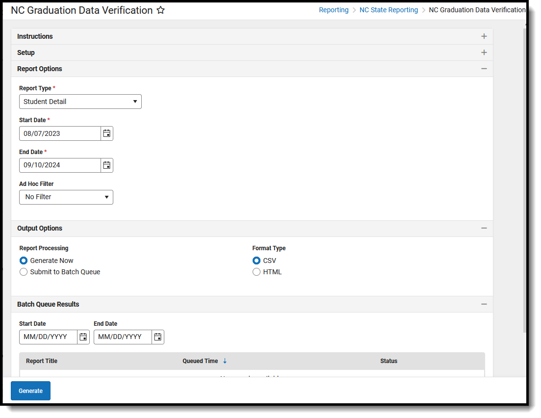 Screenshot of the NC Graduation Data Verification Extract, located at Reporting, NC State Reporting. 