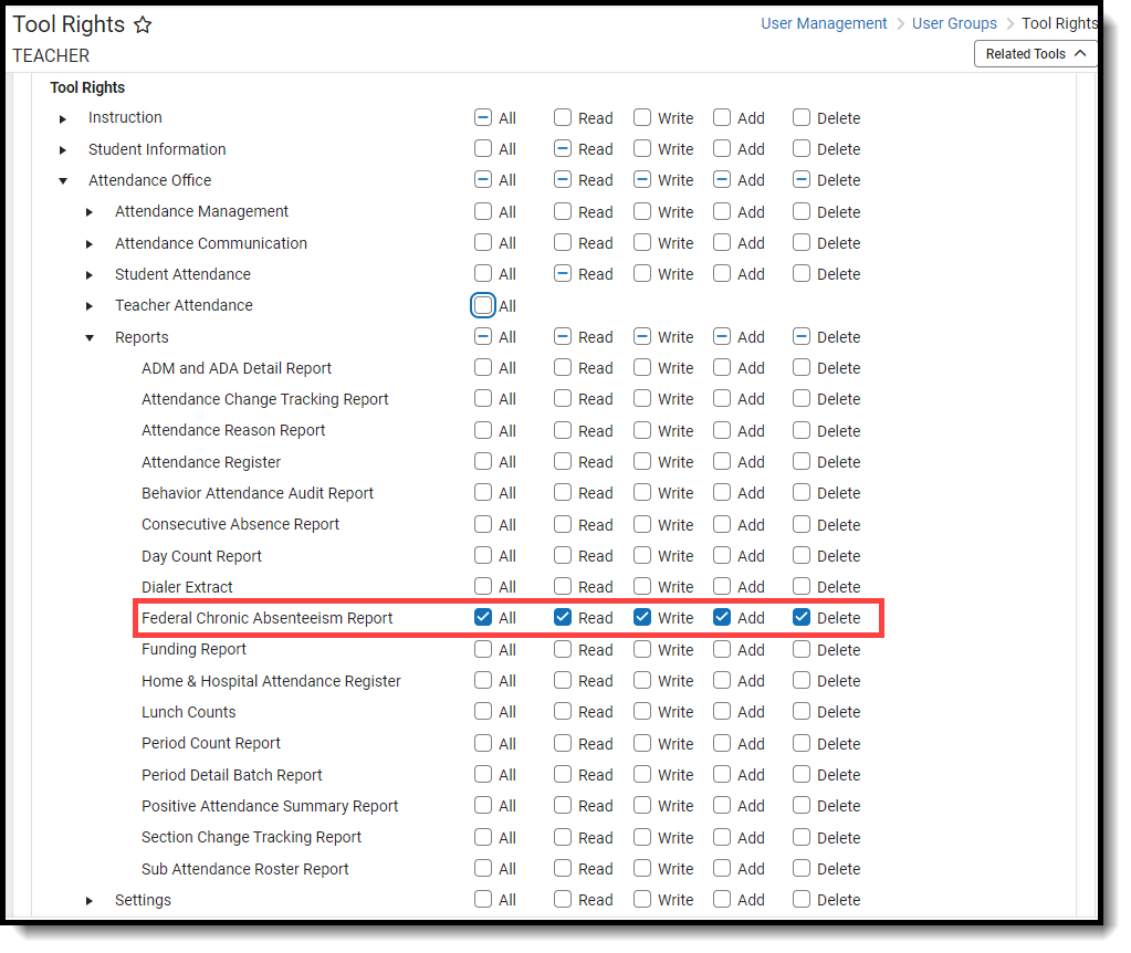 Screenshot of tool rights required to use the Federal Chronic Absenteeism Report.