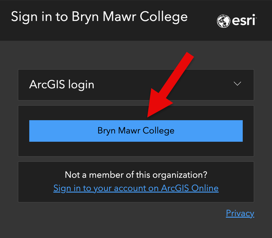 screenshot of the arcgis online login screen with an arrow pointing to a button titled bryn mawr college