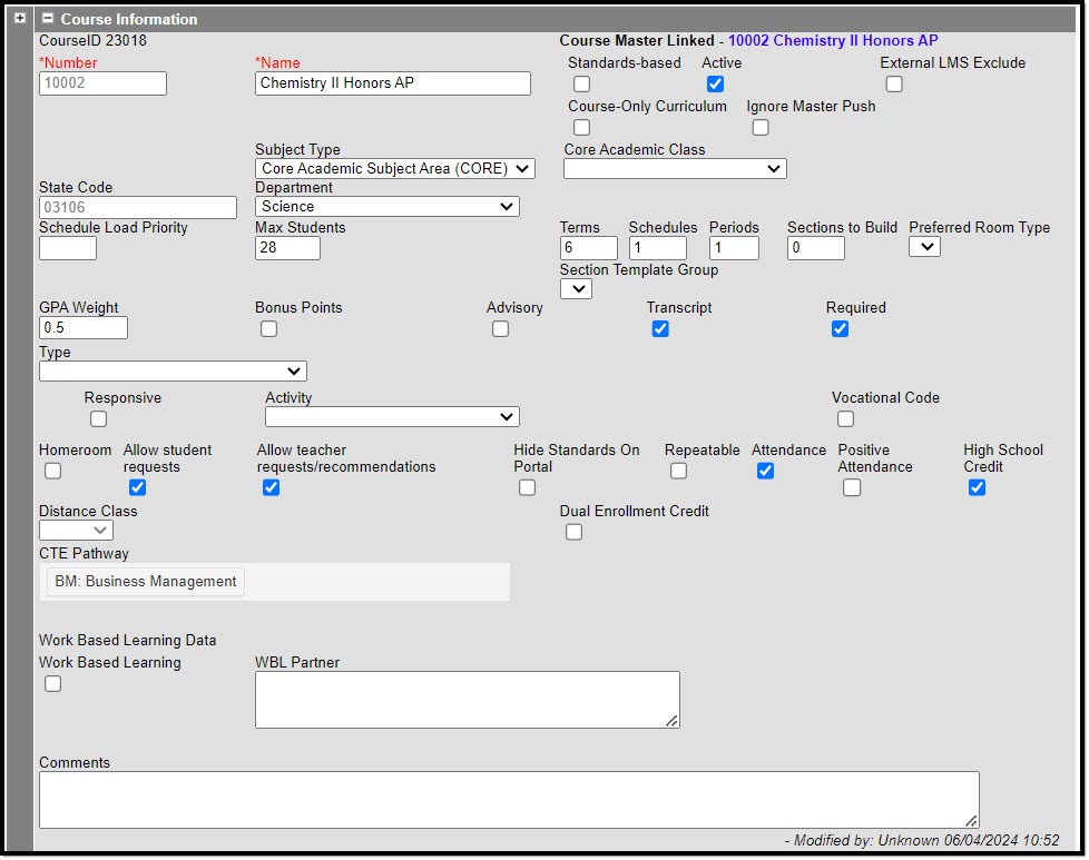 Screenshot of the course information section of the course information tool.