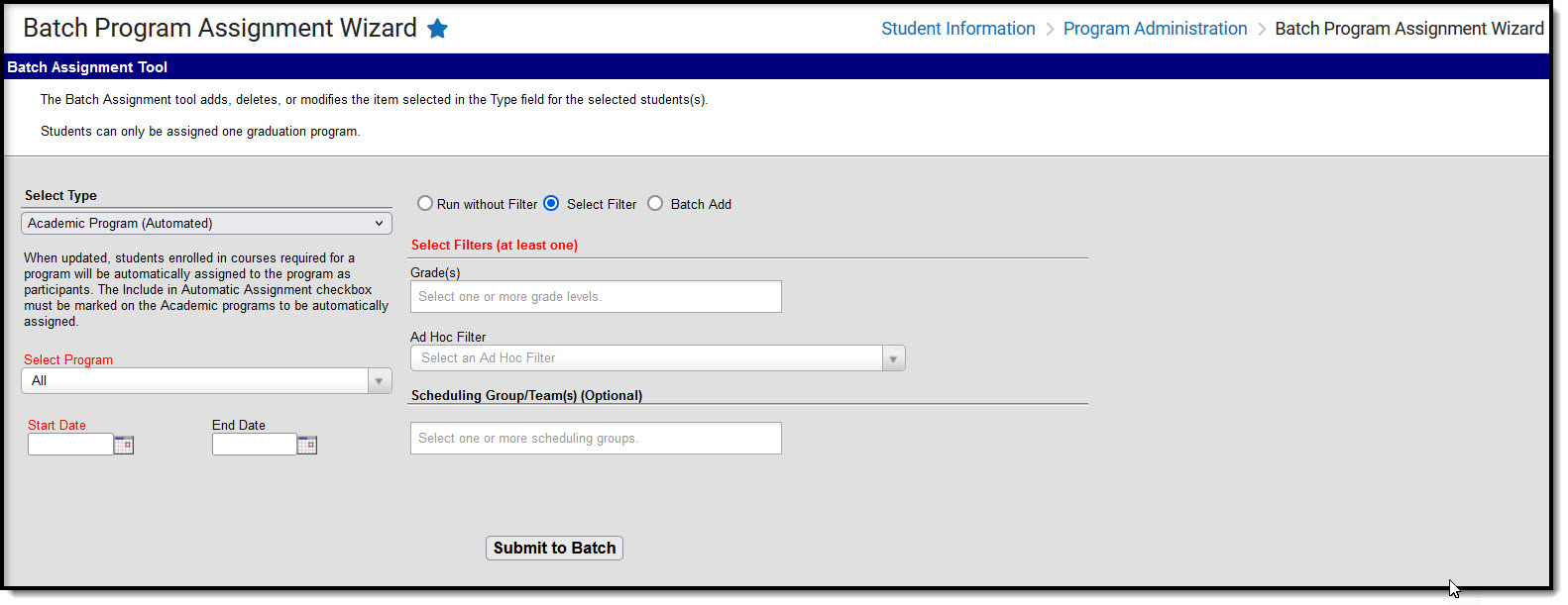 Screenshot of the Batch Program Assignment Wizard Tool