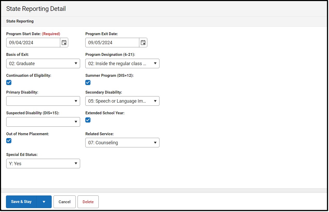 Screenshot of the Special Education State Reporting Detail Screen.