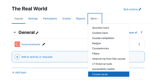 In the Course Administration Menu, click More > Course reuse