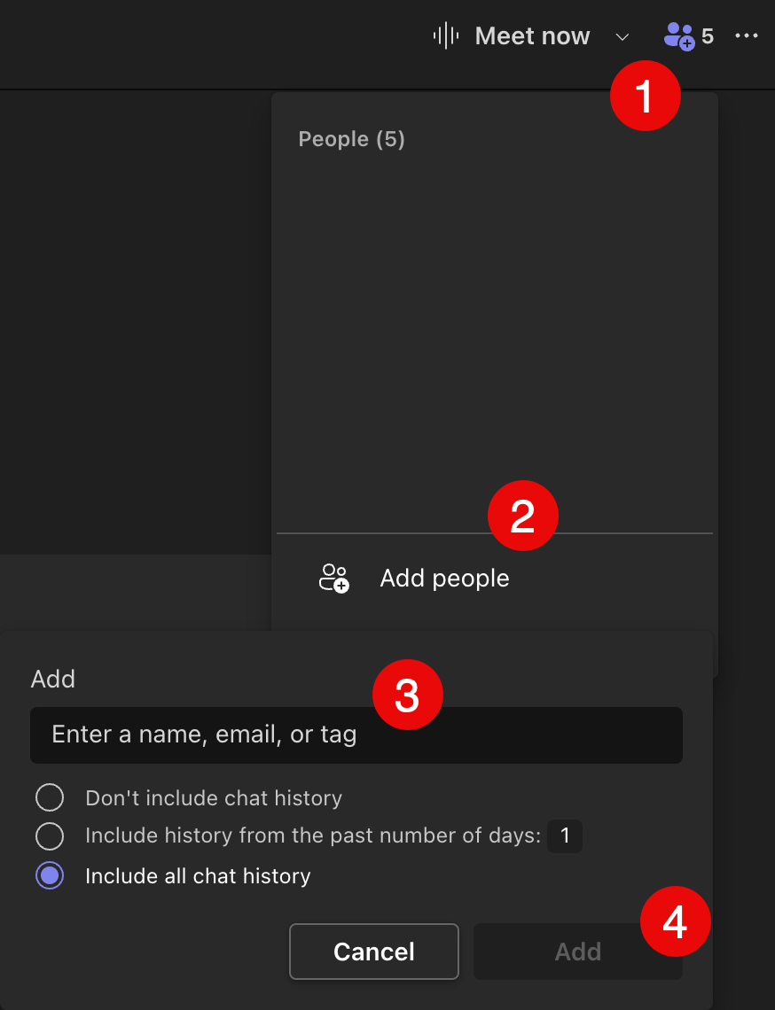 screenshot of numbered steps showing the instructions for adding someone to a chat