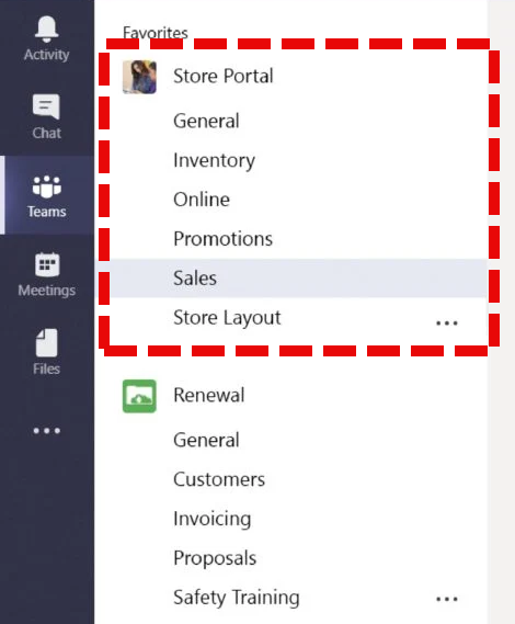 screenshot of the microsoft teams interface with a red box around an example team and its subsequent channels