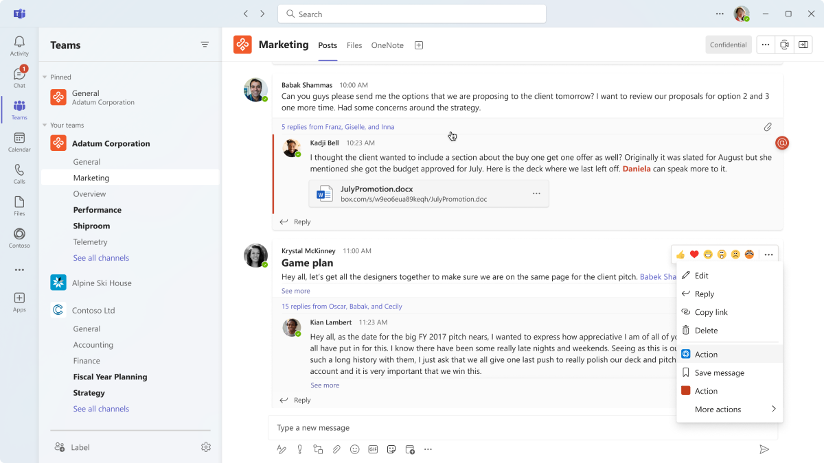 example screenshot of microsoft teams messaging threads