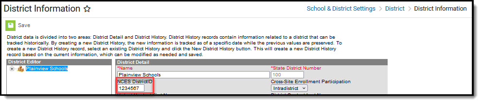 Screenshot of District Information tool highlighting the NCES DistrictID field that is used in the CRDC flat file.