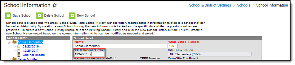 Screenshot of School Information tool highlighting the School NCES number that is needed for the CRDC flat file.