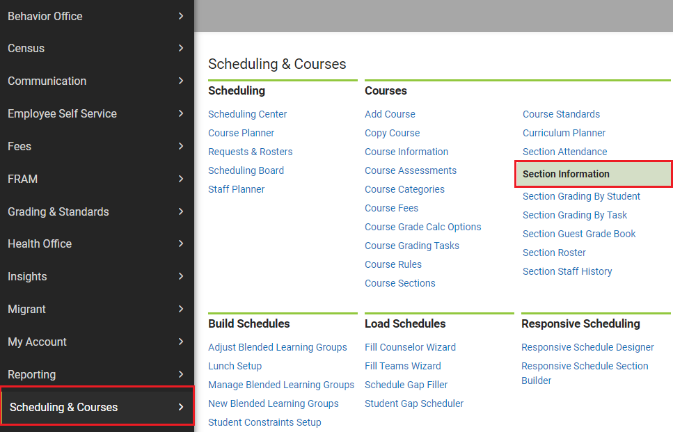 Scheduling & Courses Menu selecting section information.