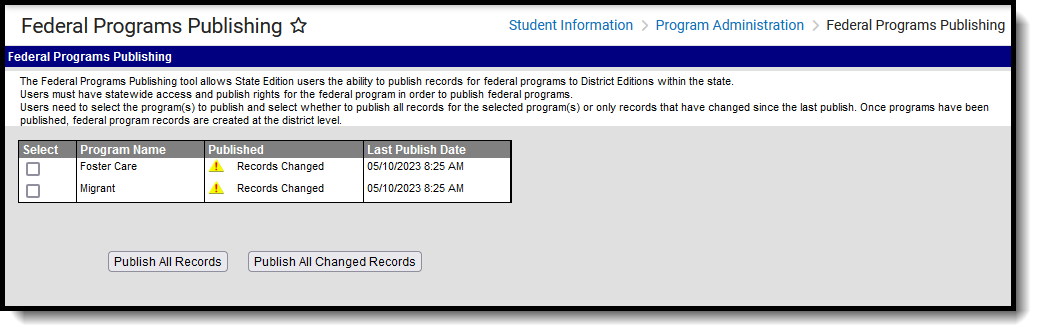 Screenshot of Federal Programs Publishing tool.