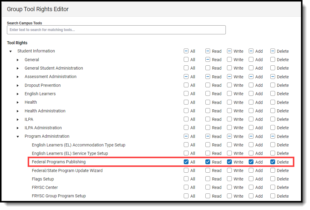 Screenshot of tool rights needed to access Federal Programs Publishing.