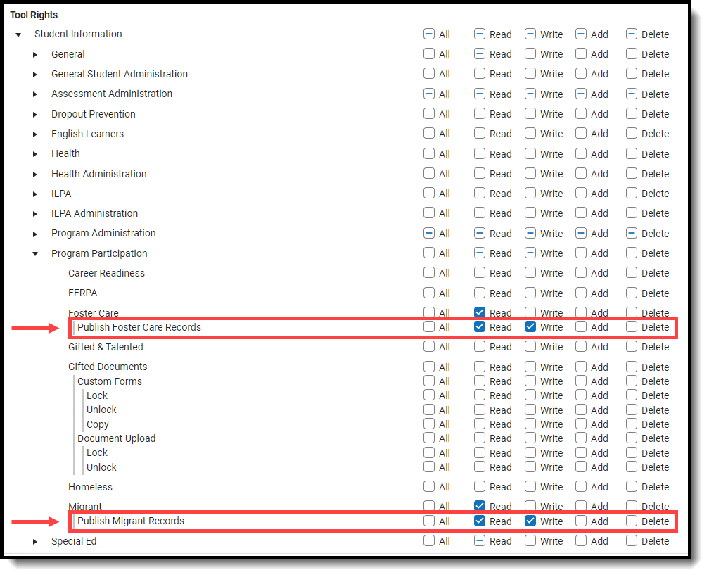 Screenshot of subrights needed in order to publish records.