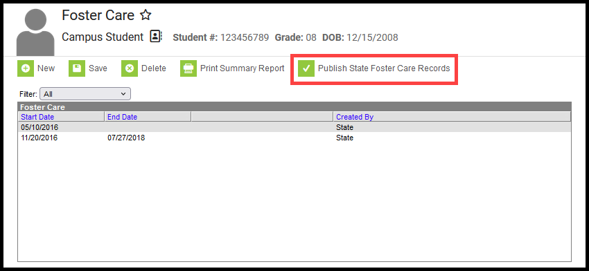 Screenshot of individual student's Foster Care records with Publish button highlighted.