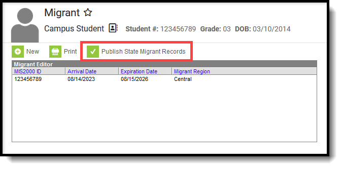 Screenshot of individual student's Migrant records with Publish button highlighted.