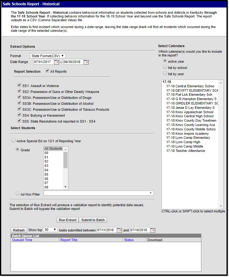 Screenshot of the Safe Schools Report editor.