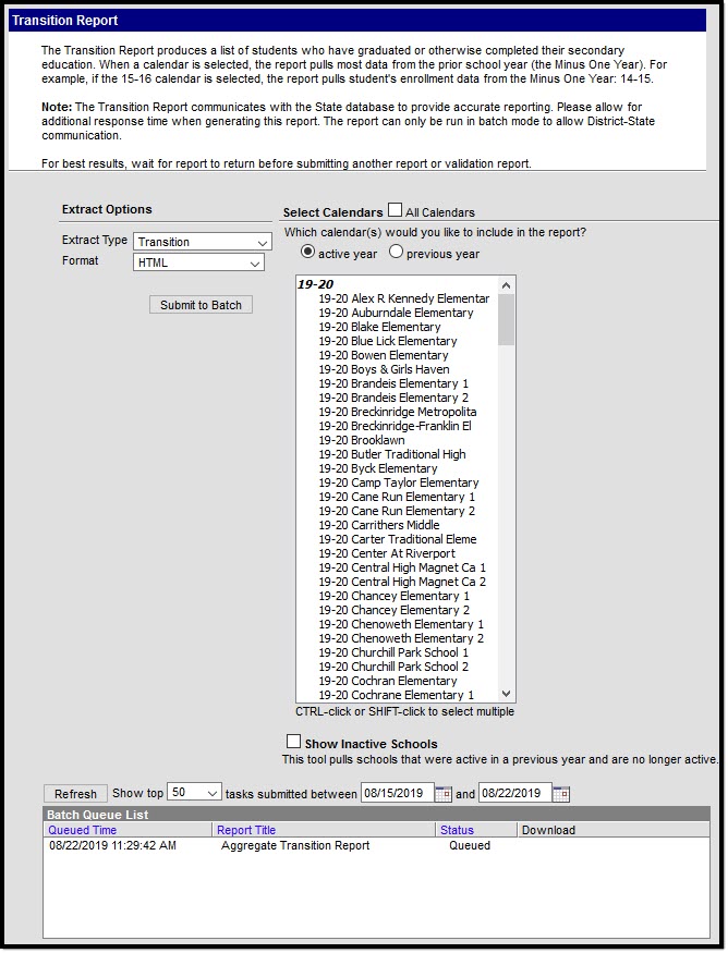 Screenshot of the Transition Report editor.