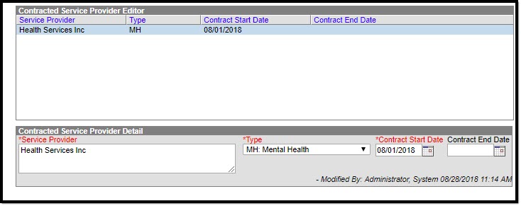 Screenshot of the District Contracted Service Providers tool highlighting where the tool is located within District Information.