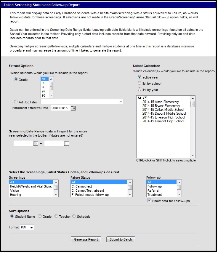 Screenshot of Early Childhood Failed Screening Status and Follow-up Report indicating its location within Health Reports.