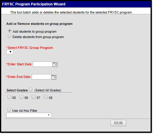 Screenshot of the FRYSC Program Participation Wizard highlighting where the tool is located in the Index from Program Admin.