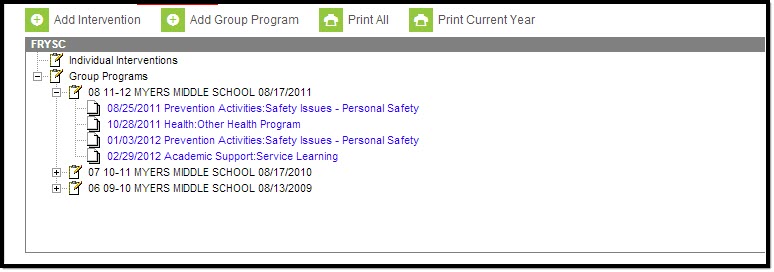 Screenshot of a student’s FRYSC tab verifying an FRYSC program has been added or removed.