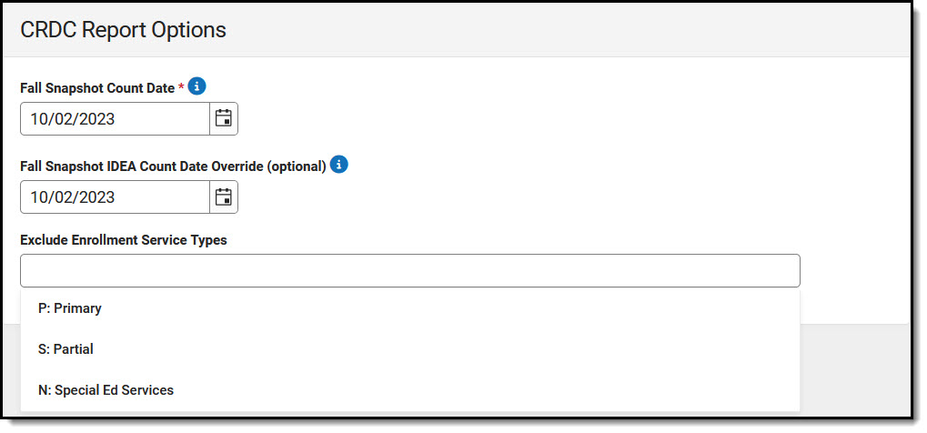 Screenshot of CRDC Report Options editor with snapshot count dates populated and Exclude Enrollment Service Types field expanded.