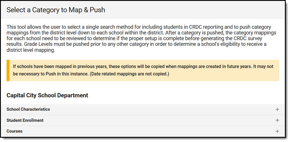 Screenshot of Setup showing categories that can be mapped and pushed.