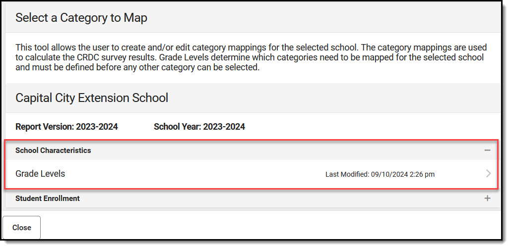 Screenshot of Setup screen for Category Map and Push with School Characteristics, Grade levels selected.