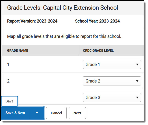 Screenshot of Grade Level Mapping screen with action buttons at the bottom of screen.