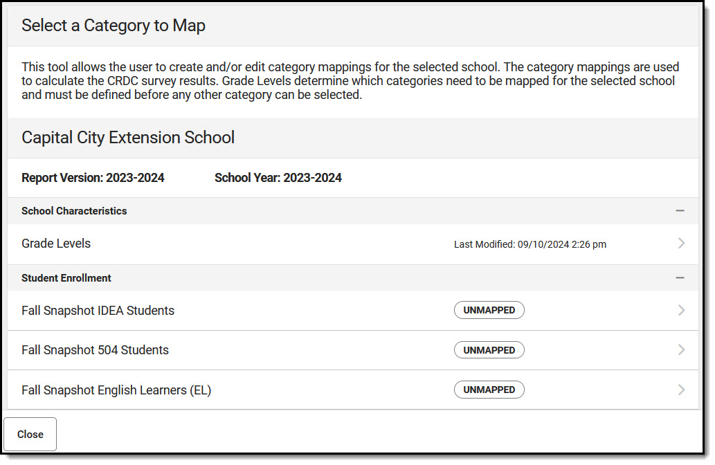 Screenshot of Category Map & Push Setup with list of Student Enrollment Mappings.