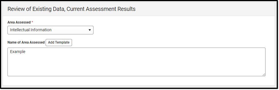 Screenshot of the Review of Existing Data, Current Assessments Results Detail Screen.