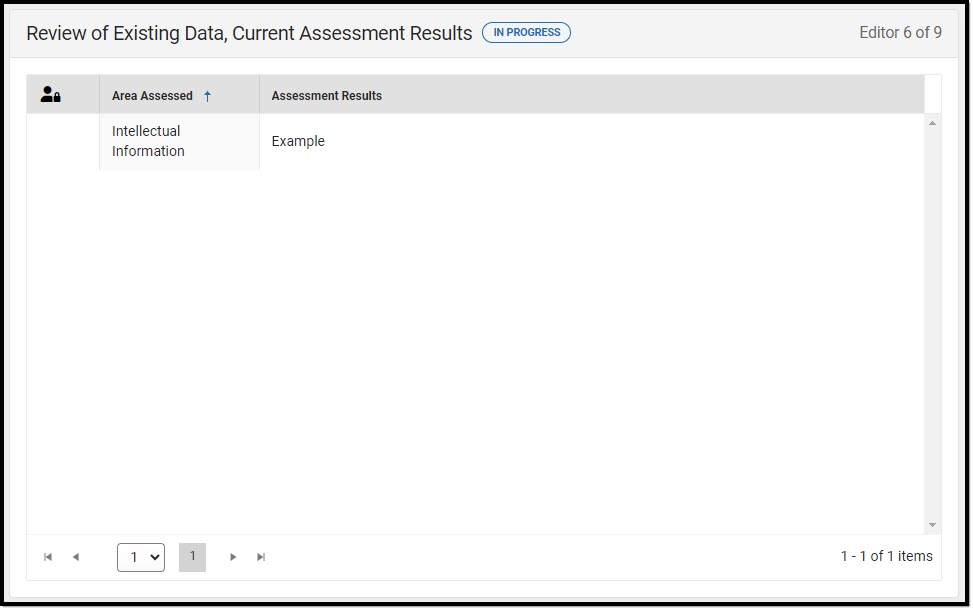 Screenshot of the Review of Existing Data, Current Assessments Results List Screen.