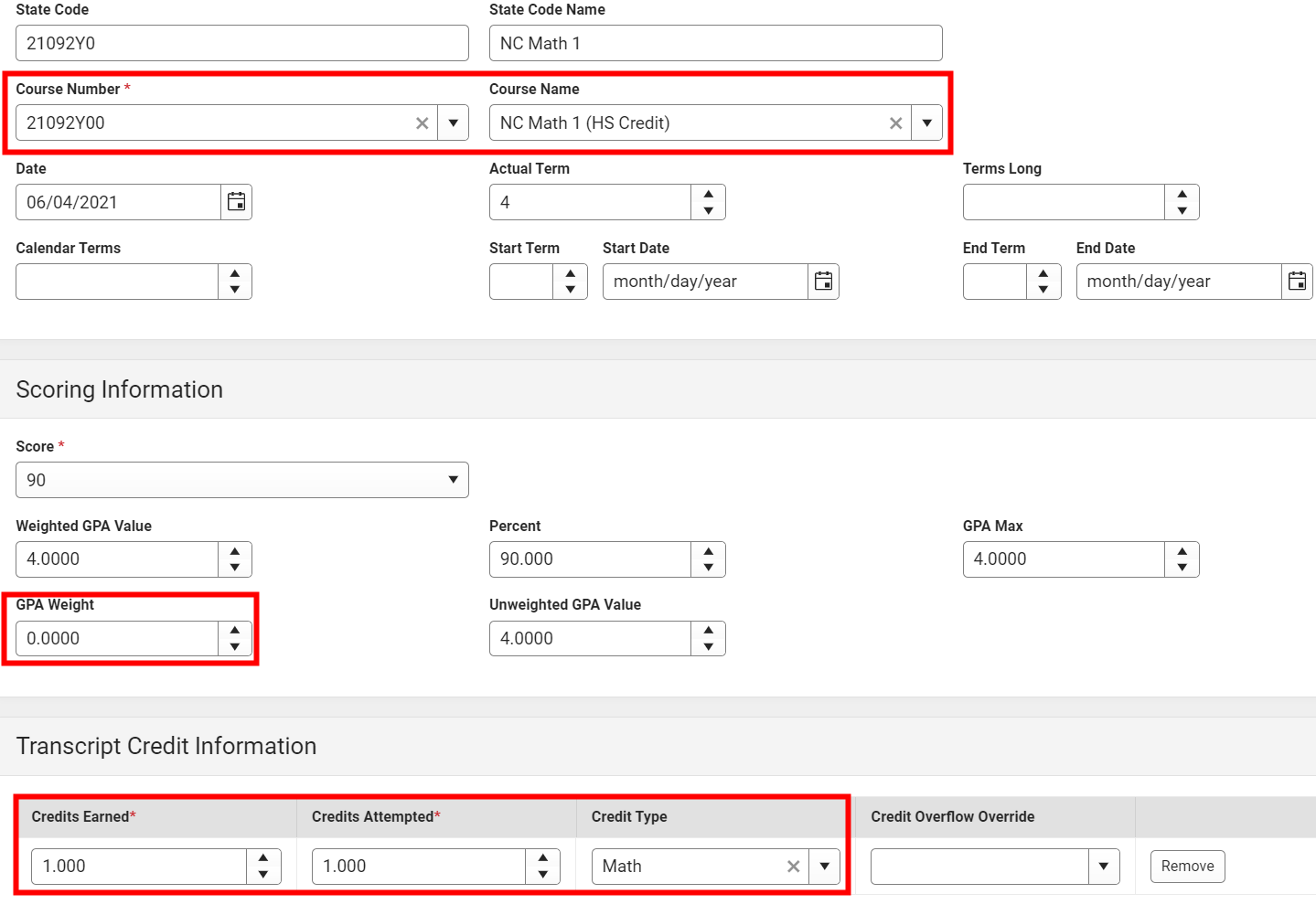 Transcript Credit detail verifying course number and credit type for middle school for high school credit courses