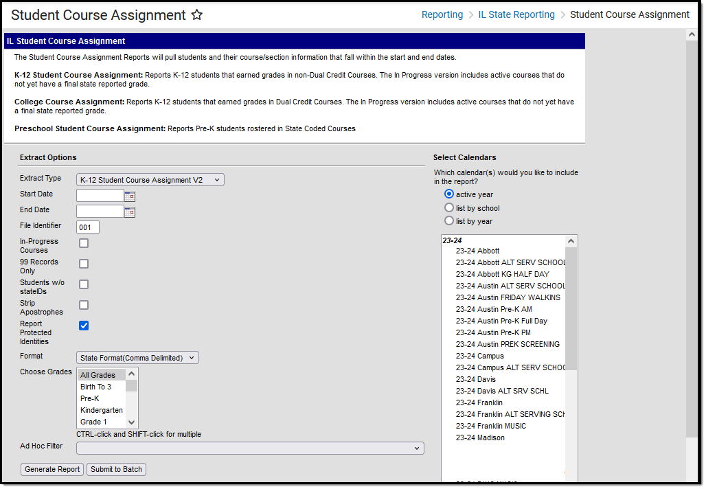 Screenshot of the K-12 Student Course Assignment V2 extract editor.  