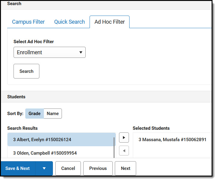 Screenshot of Ad Hoc Filter options for IDEA Students.