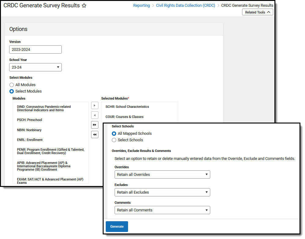 Screenshot of the General Survey Results tool for CRDC. 