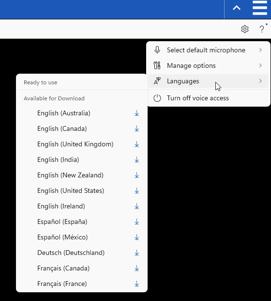 Voice Access language selection options