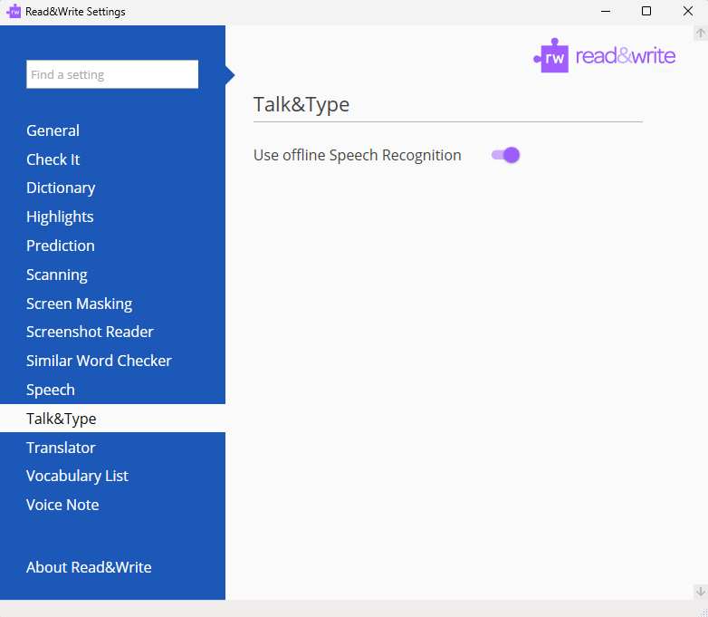 Read&Write Talk&Type settings