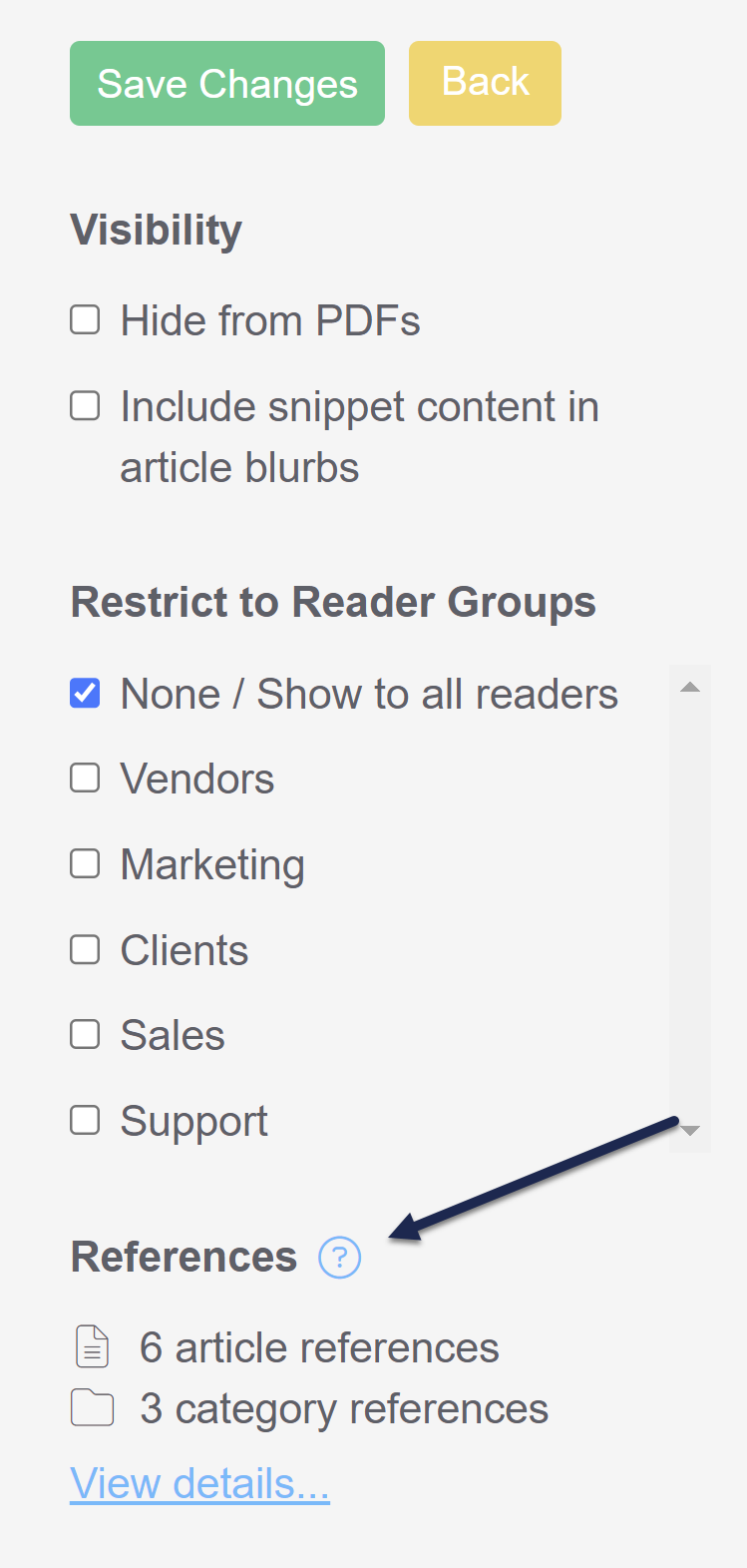 The righthand menu of a snippet editor. An arrow points to the References section, which lists 6 article references and 3 category references.