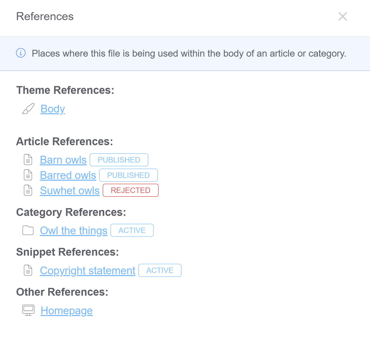 The References modal of a specific file. The Theme References section lists Body. The Article References lists two published articles and one rejected article. The Category References section lists one active category. The Snippet References section lists one active snippet. The Other References section lists the Homepage.