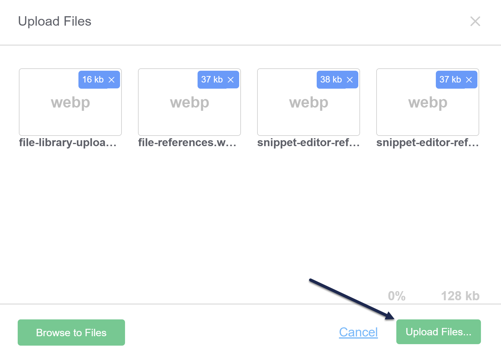 An Upload Files modal with four files added. An arrow points to the Upload Files... button.