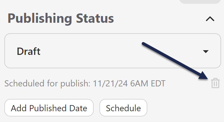 The Publishing Status section of the article editor. The editor displays a Scheduled for publish statement below the Publishing Status dropdown. An arrow points to the trashcan icon next to the Scheduled for publish statement.