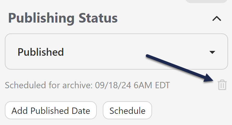 The Publishing Status section of the article editor. Below the publishing status dropdown, text says "Scheduled for archive: 09/18/2024 6AM EDT". An arrow points to the trash icon next to this statement.