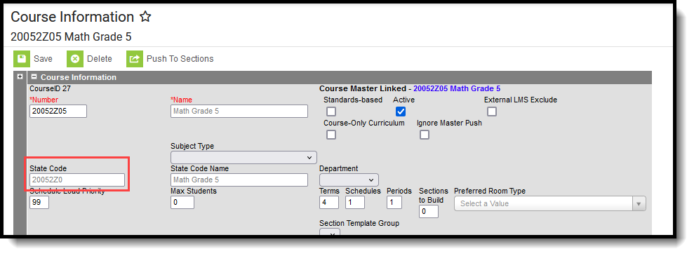 Screenshot of the Course Information editor highlighting the State Code field. 