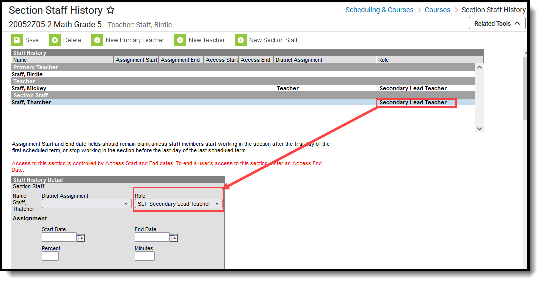 Screenshot of the Secondary Teacher Assignment on Section Staff History. 